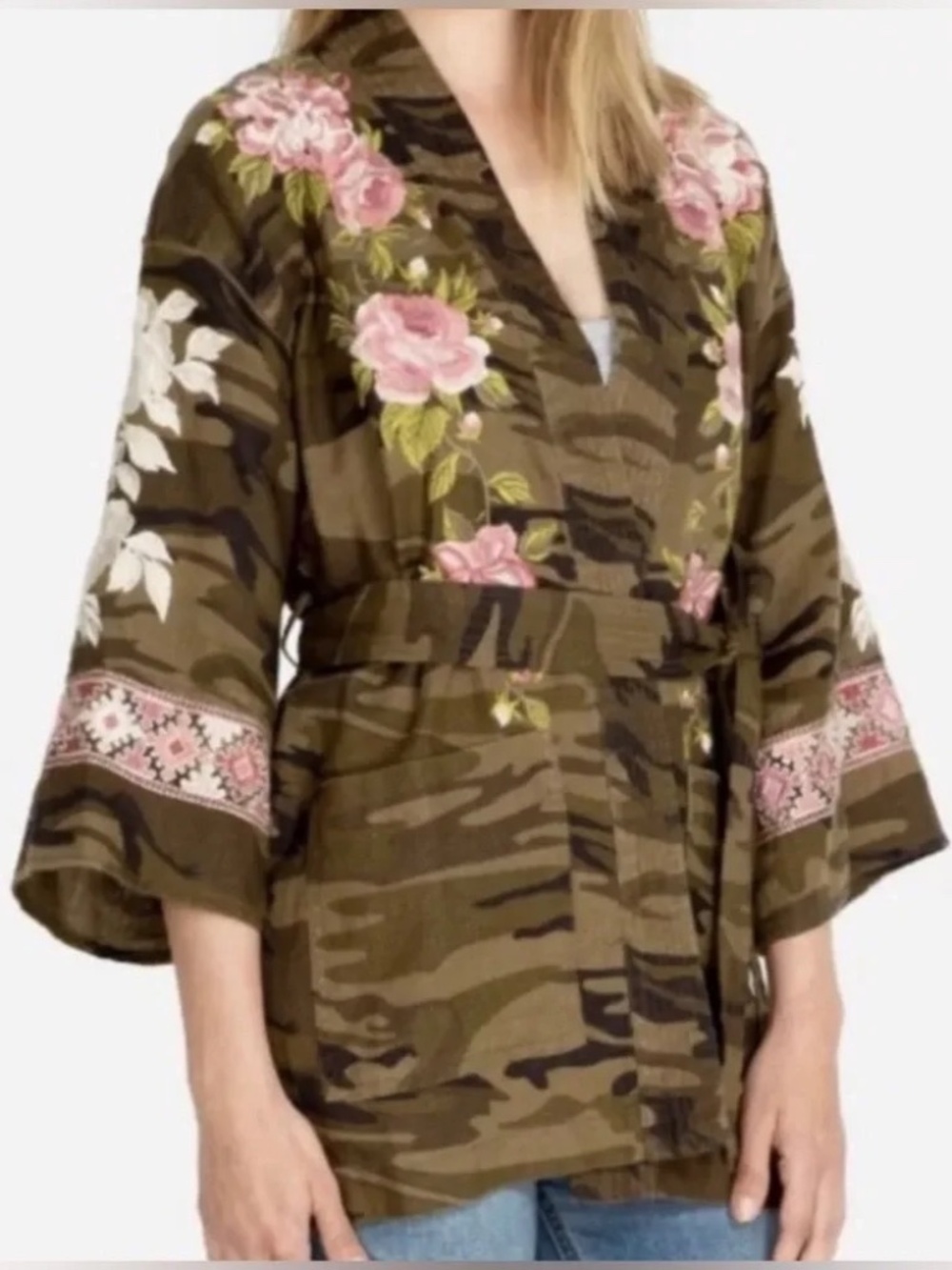 Johnny Was Flora Camo Embroidered Kimono Duster Belted Linen Boho - Picture 2 of 15